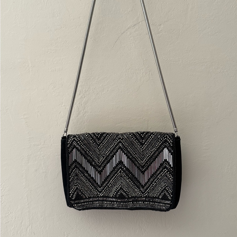 H&M Black Silver Shoulder Bag Purse Formal Purse Suede